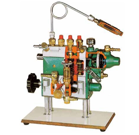 matériel pédagogique : Système didactique en coupe d'une pompe a injection Bosch avec 4 cylindres en ligne et régulateur de vitesse pneumatique