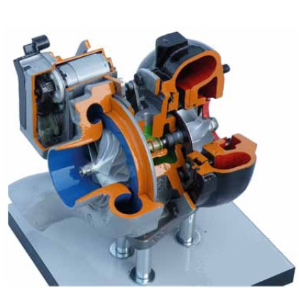 matériel pédagogique : Maquette pédagogique de turbocompresseur a géométrie variable en coupe avec moteur électrique de commande